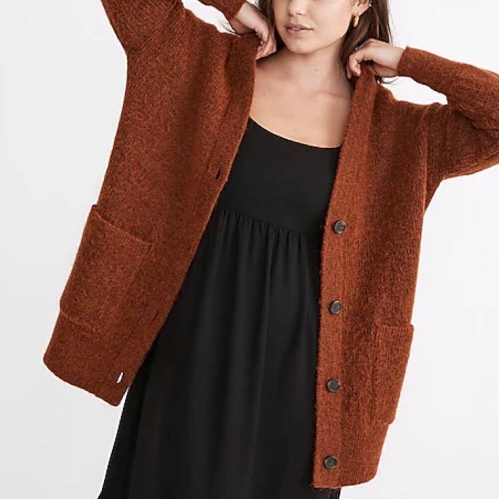 Madewell Cowen Cardigan Sweater Burnt Orange Oversized Fuzzy Knit XS Wool